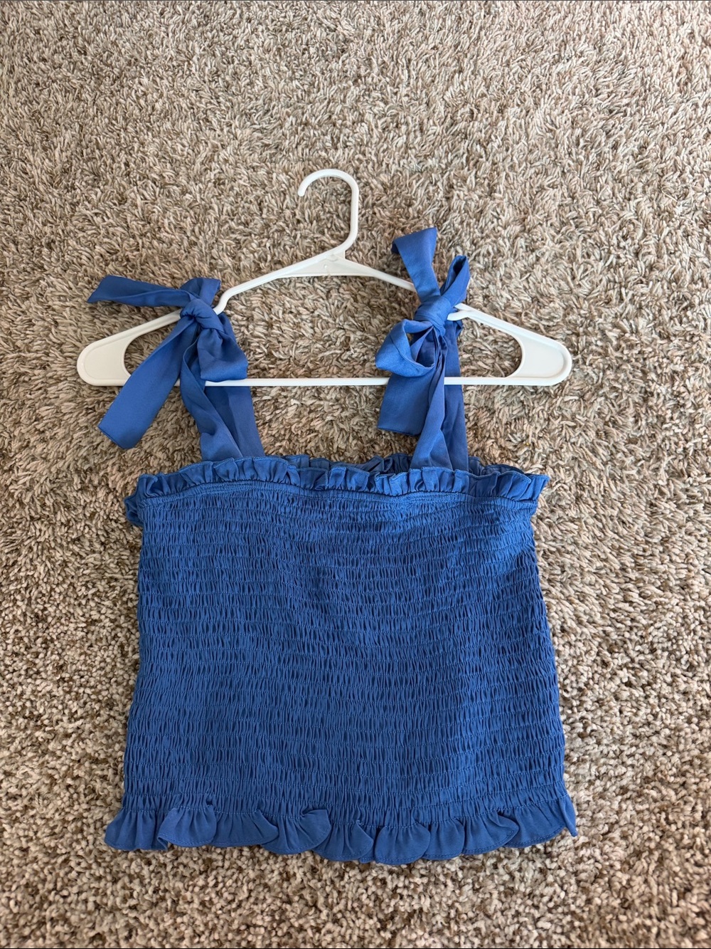 TCEC Blue Smocked Tie-Shoulder Tank with Ruffle Trim